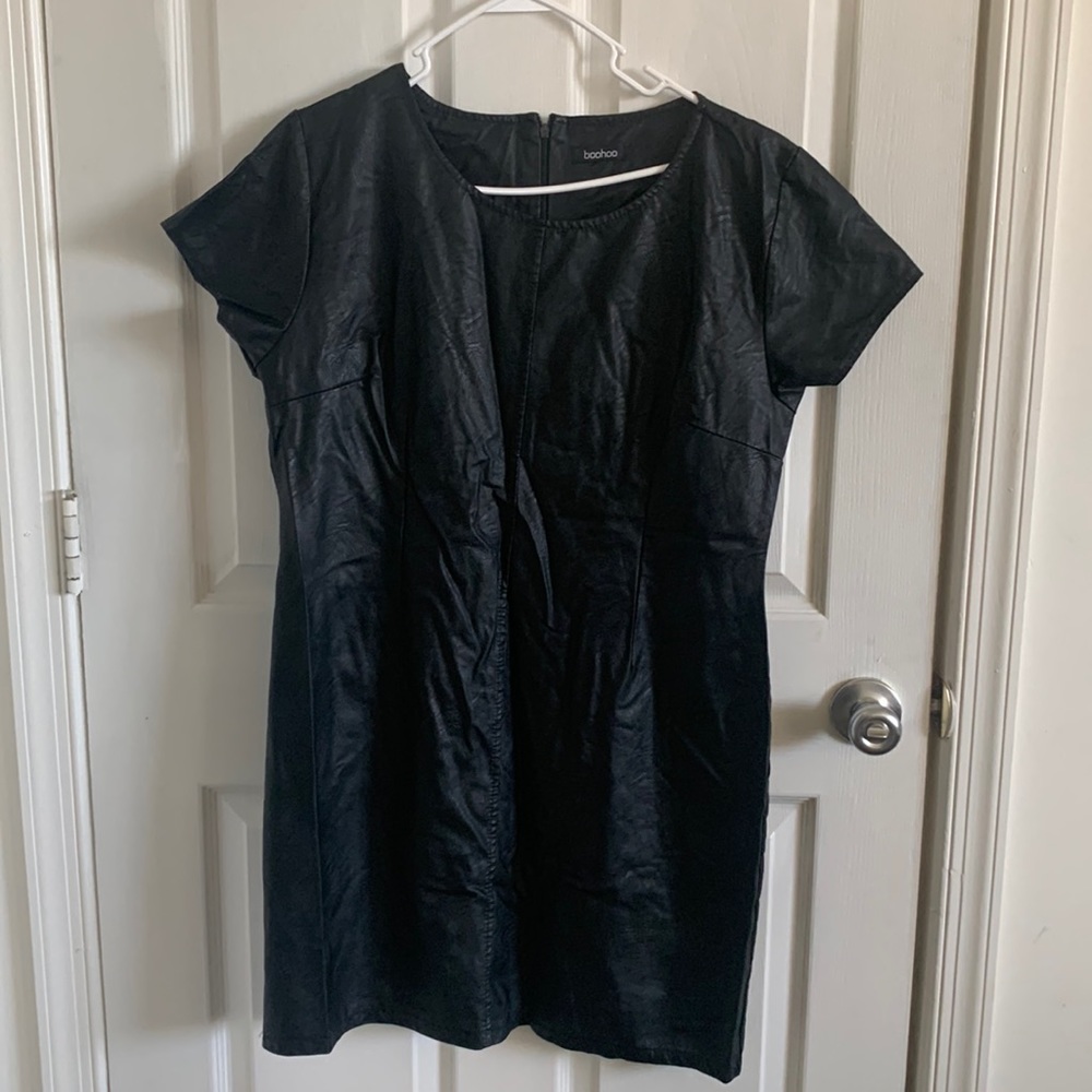 Faux leather black midi dress
